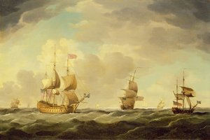 Anglická vlajková loď pod snadným plavením v mírném vánku, kolem roku 1750